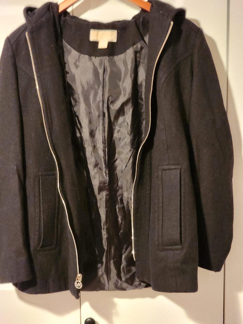 MICHAEL KORS Black Hooded Wool Blend Peacoat Size Medium - Picture 9 of 11